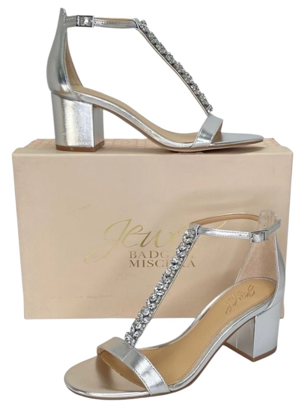 Jewel Badgley Mischka Lindsey Silver Faux Leather Rhinestone T-Strap Heels 7M